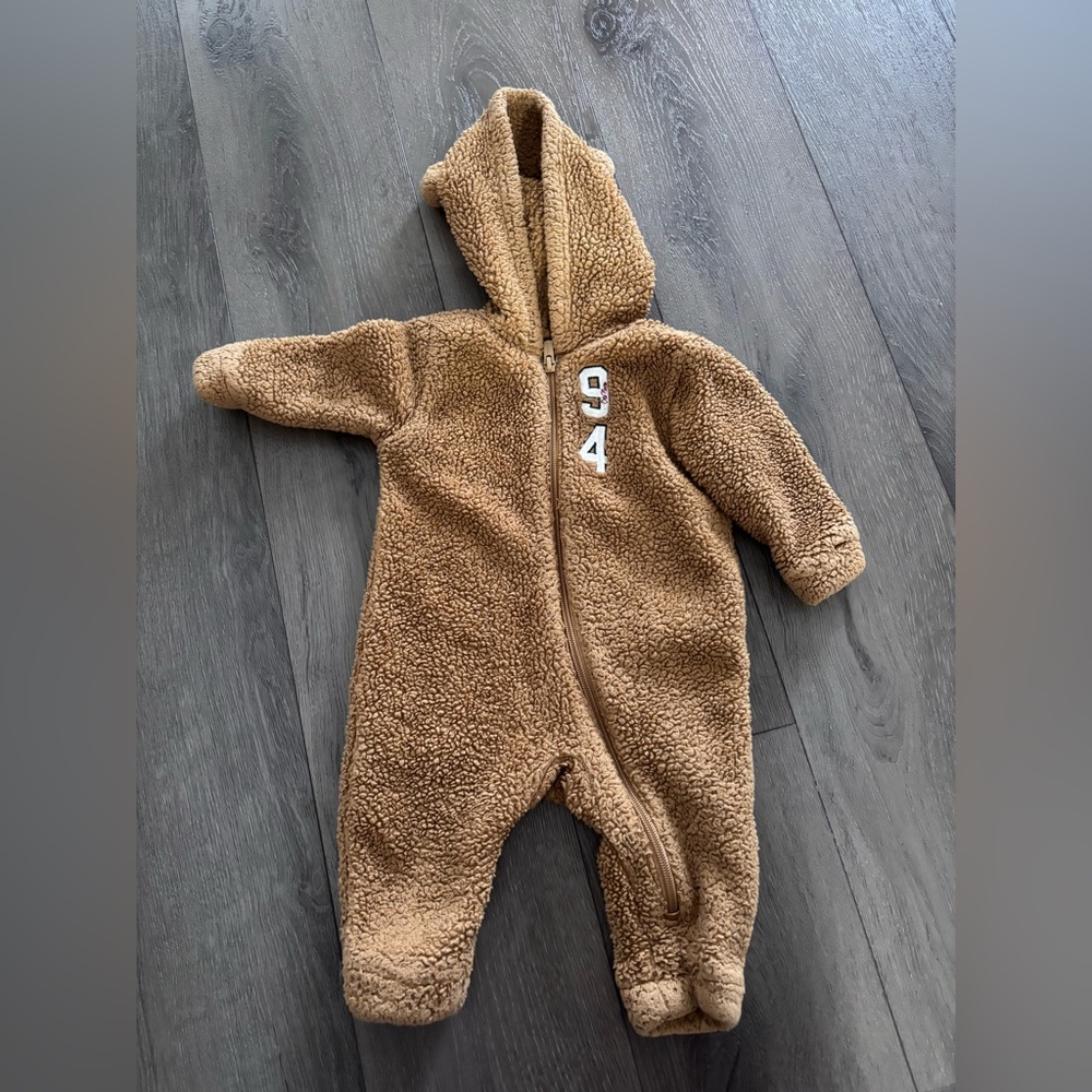 Warm Light Brown Fleece Footie with Hood and Zipper